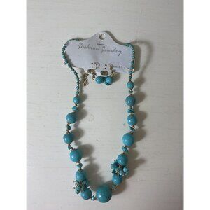 Fashion Jewelry Turquoise & Gold Beaded Necklace & Earrings Set